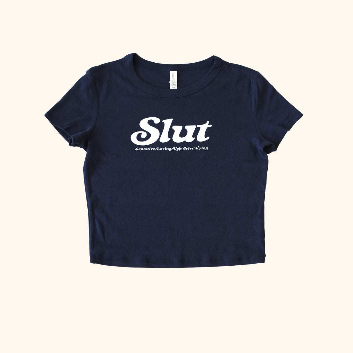 Y2K SLUT Baby Tee | Navy T-Shirt + White Graphic