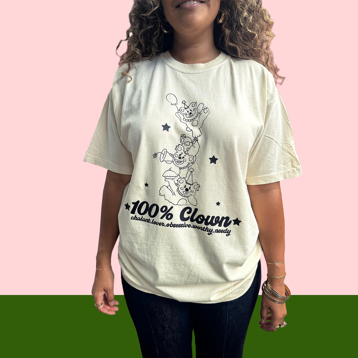 100% CLOWN | Ivory T-Shirt (Black Front Graphic)