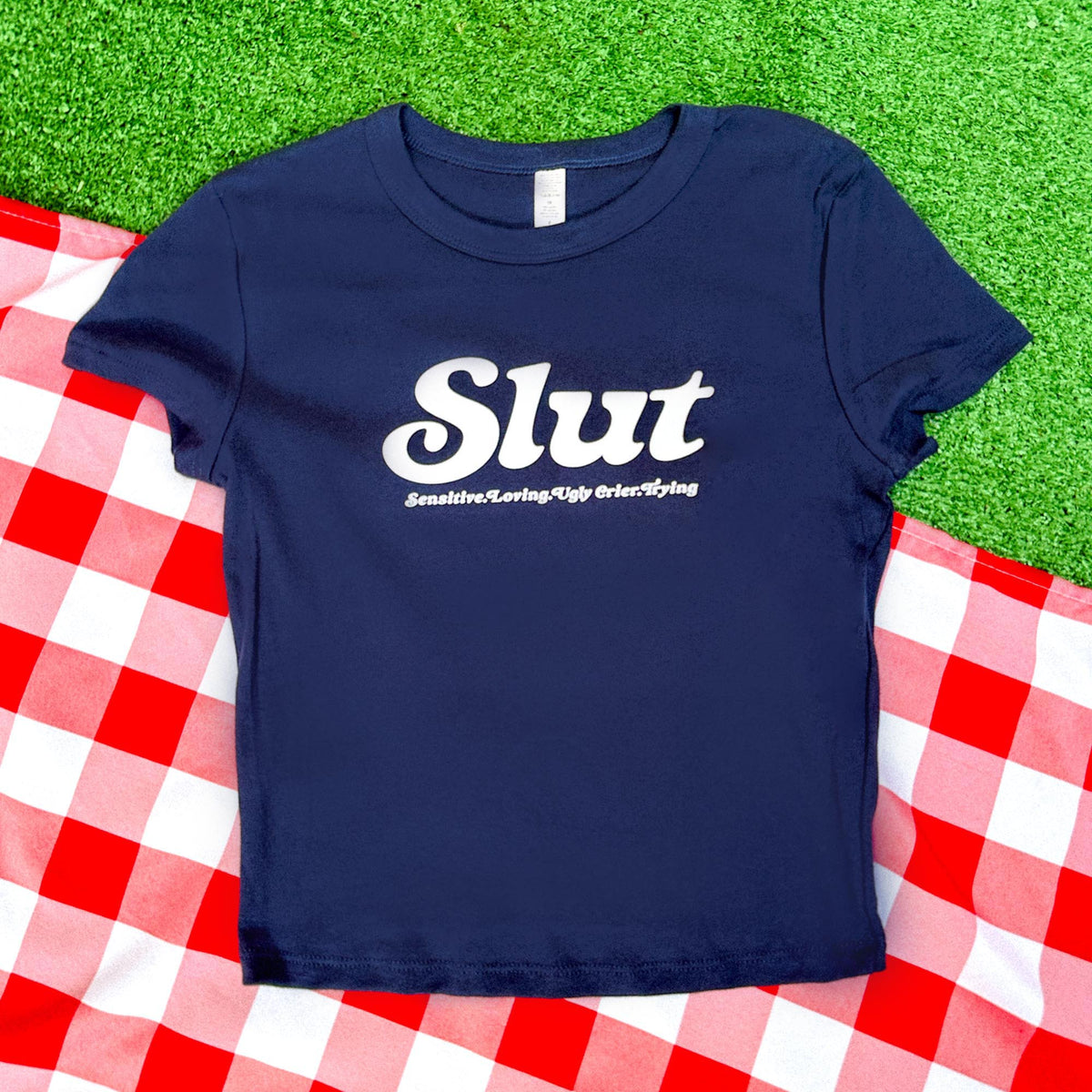 Y2K SLUT Baby Tee | Navy T-Shirt + White Graphic