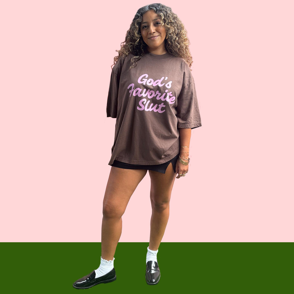 God&#39;s Favorite Slut - Drop Shoulder Heavy Tee | Brown T-Shirt (Pink Front Graphic)