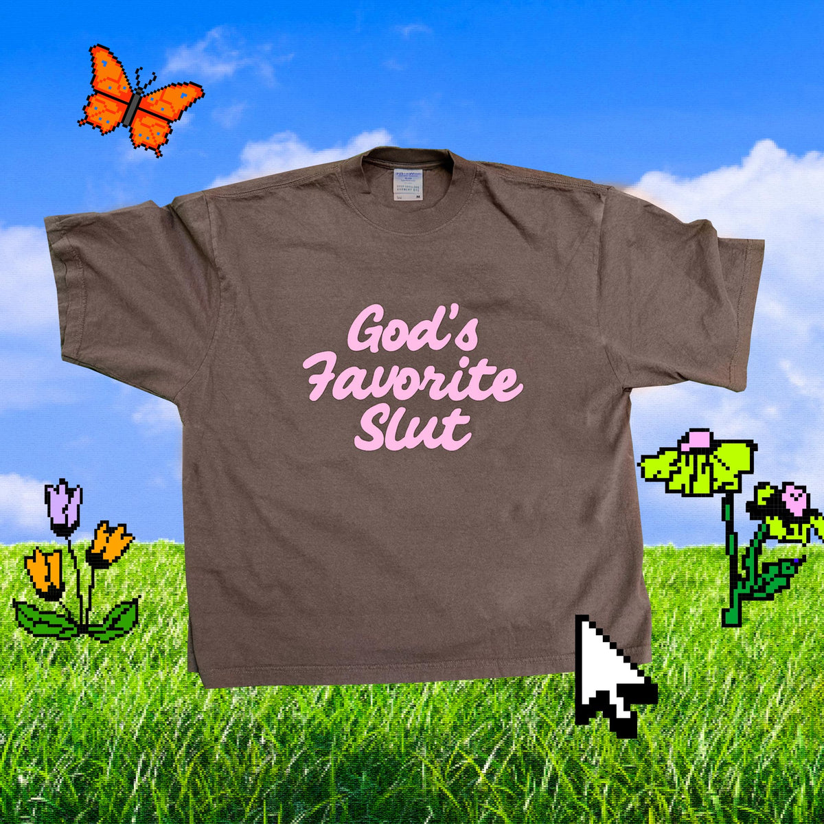 God&#39;s Favorite Slut - Drop Shoulder Heavy Tee | Brown T-Shirt (Pink Front Graphic)