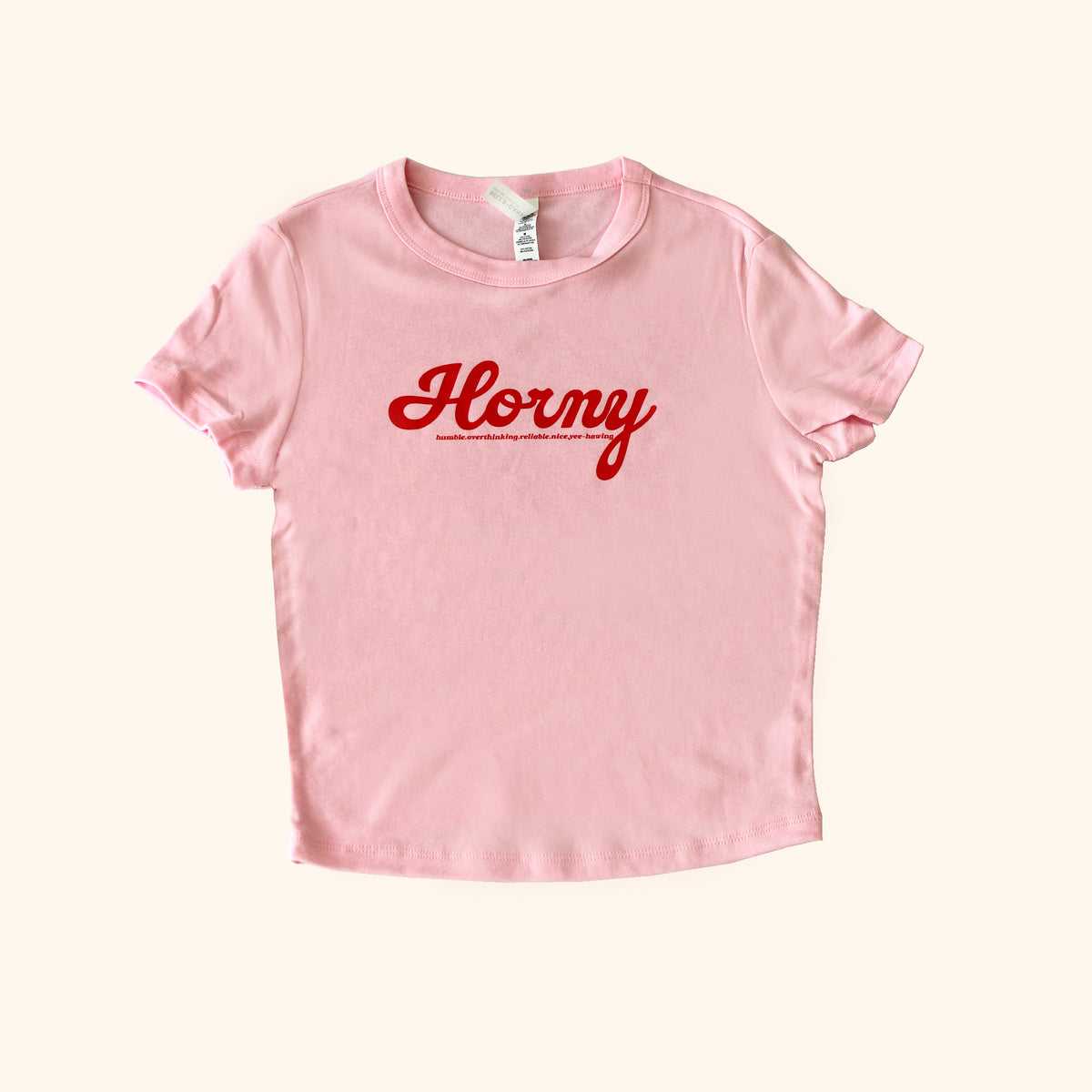 Y2K HORNY Baby Tee | Pink T-Shirt + Red Graphic