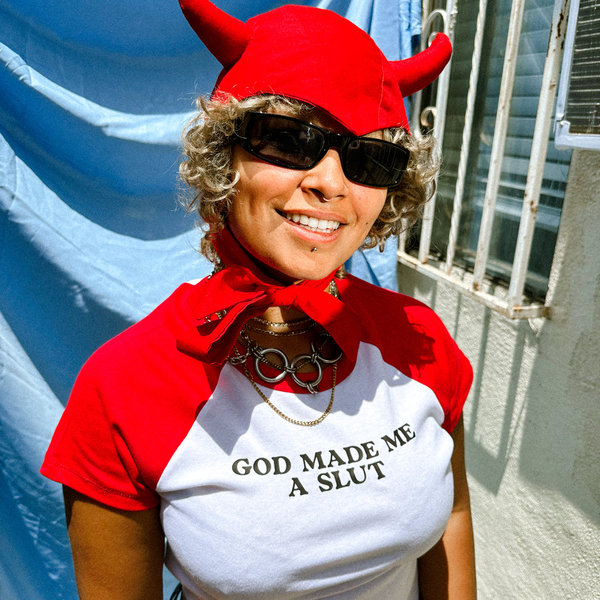 Y2K GOD MADE ME A SLUT Baby Tee | Red Cap Sleeve T-Shirt + Black Text Graphic