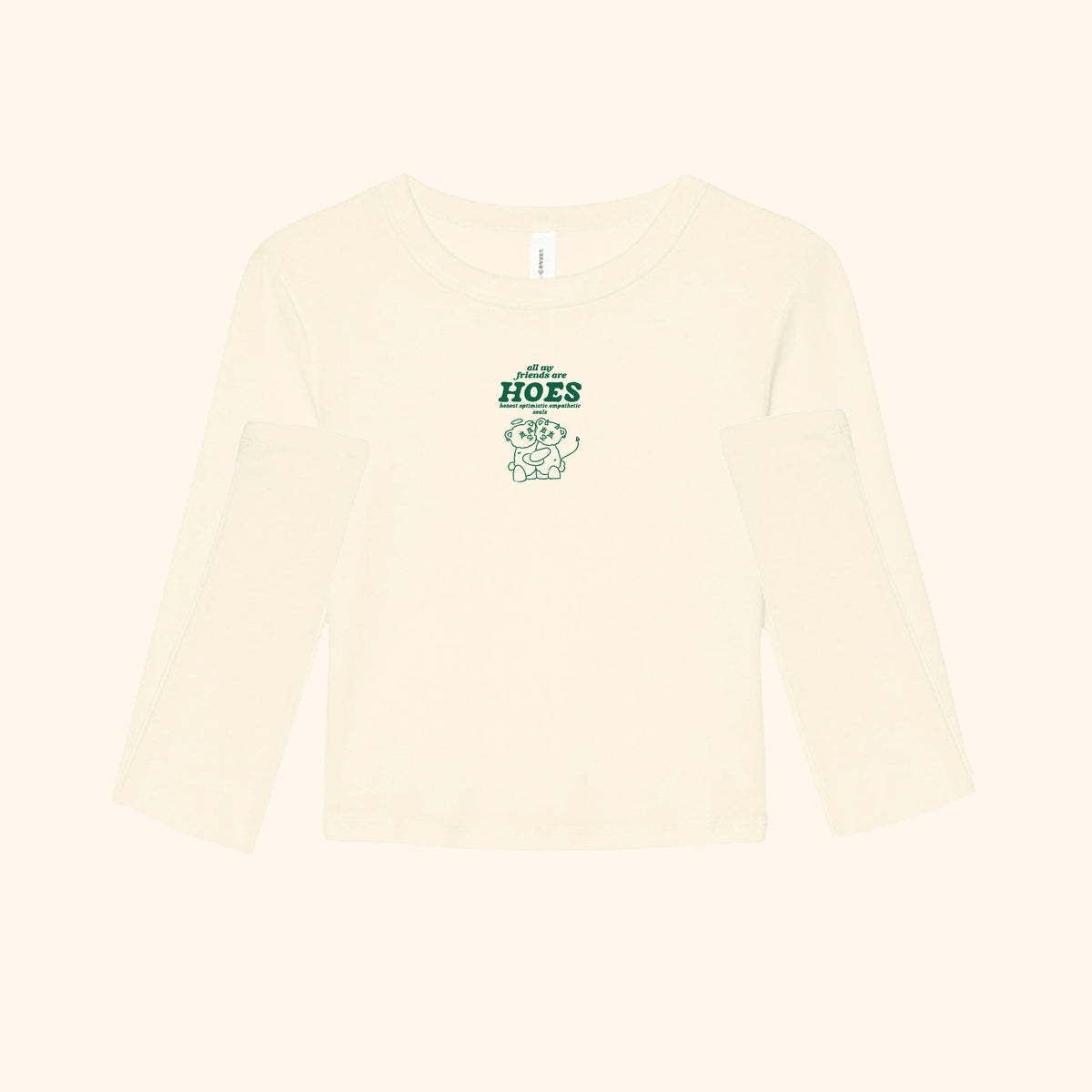 Y2K Long Sleeve Baby Tee &quot;All My Friends Are HOES&quot; | Ivory T-Shirt + Green Graphic