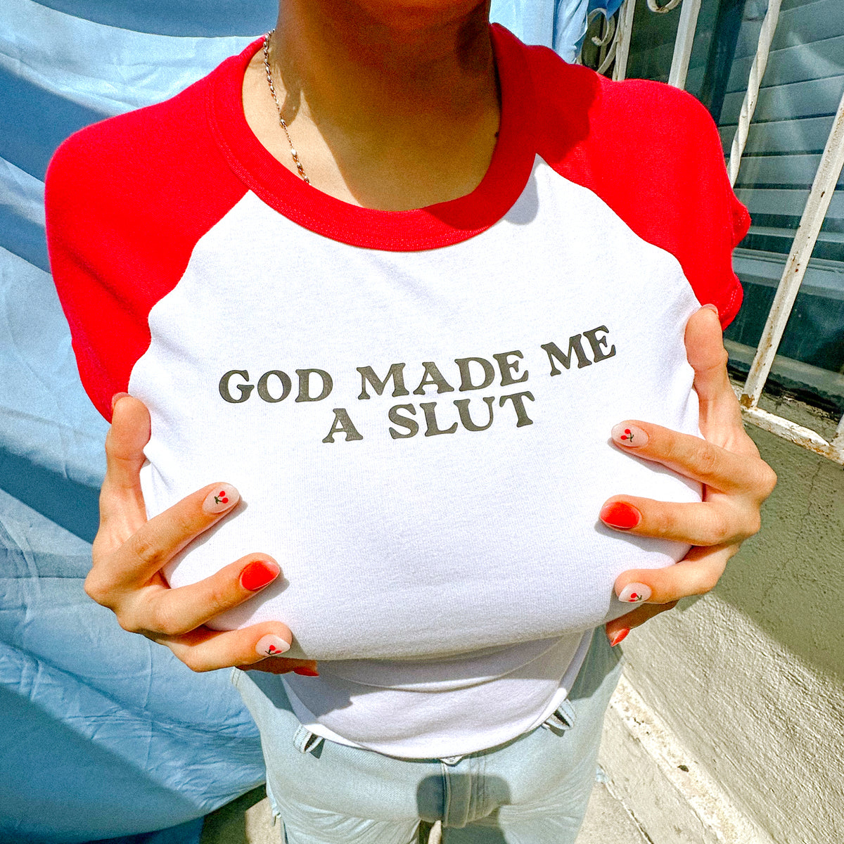 Y2K GOD MADE ME A SLUT Baby Tee | Red Cap Sleeve T-Shirt + Black Text Graphic