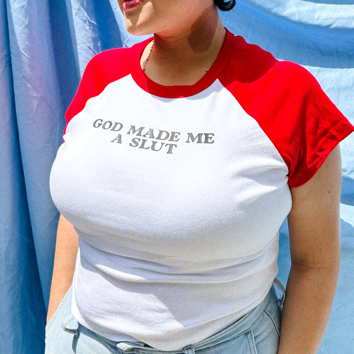 Y2K GOD MADE ME A SLUT Baby Tee | Red Cap Sleeve T-Shirt + Black Text Graphic