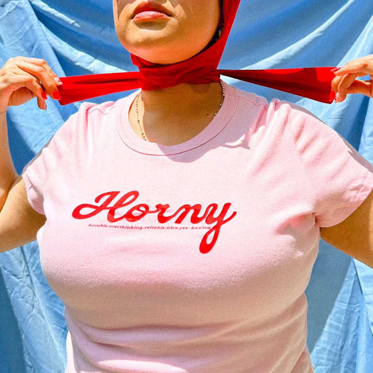 Y2K HORNY Baby Tee | Pink T-Shirt + Red Graphic