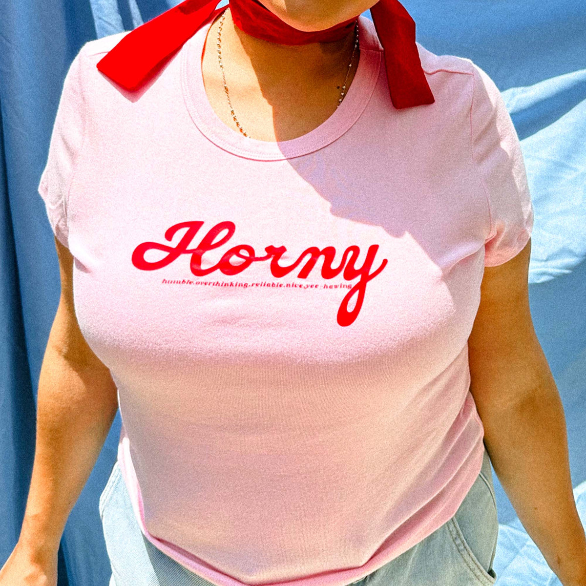 Y2K HORNY Baby Tee | Pink T-Shirt + Red Graphic