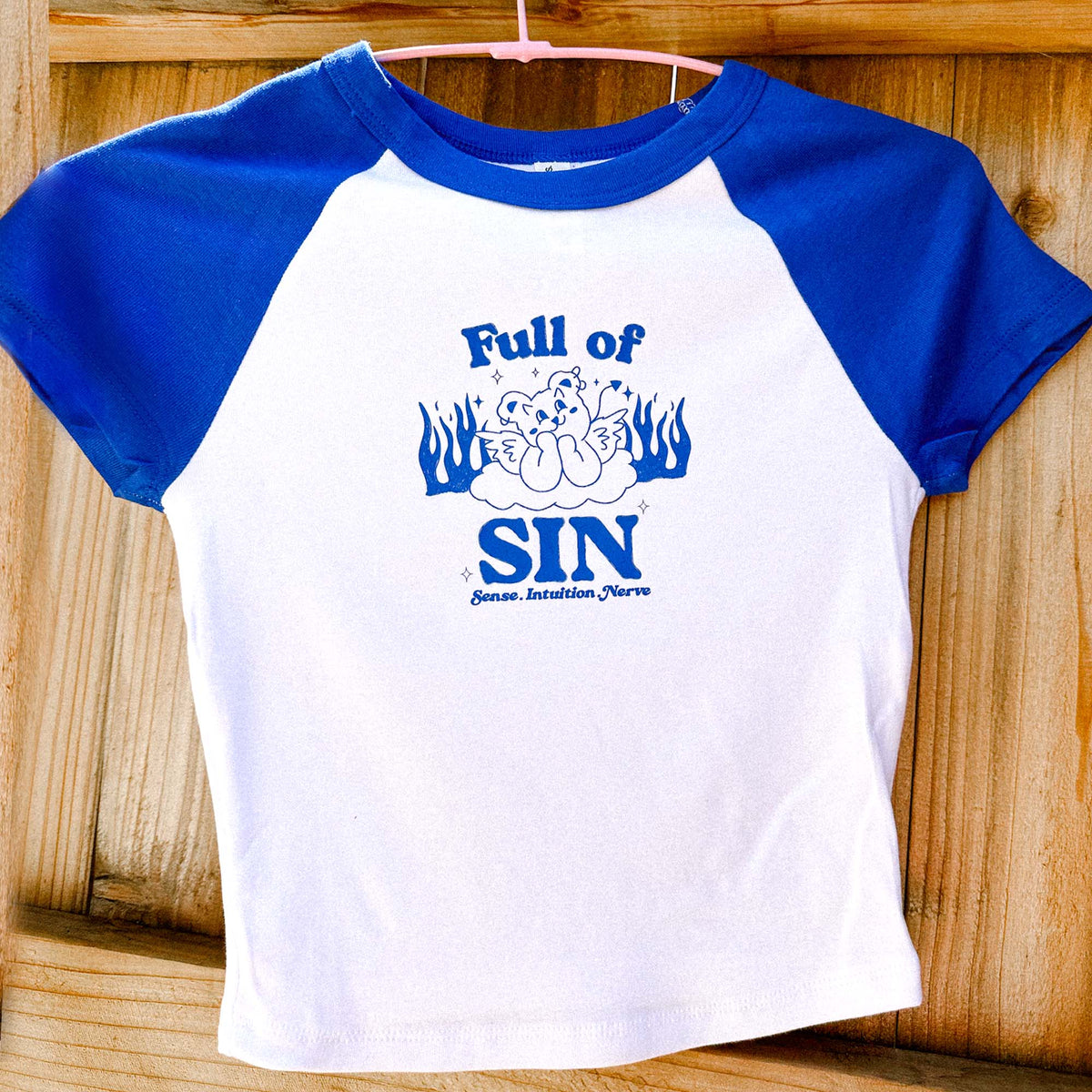 Y2K FULL OF SIN Baby Tee | Blue Cap Sleeve T-Shirt + Graphic