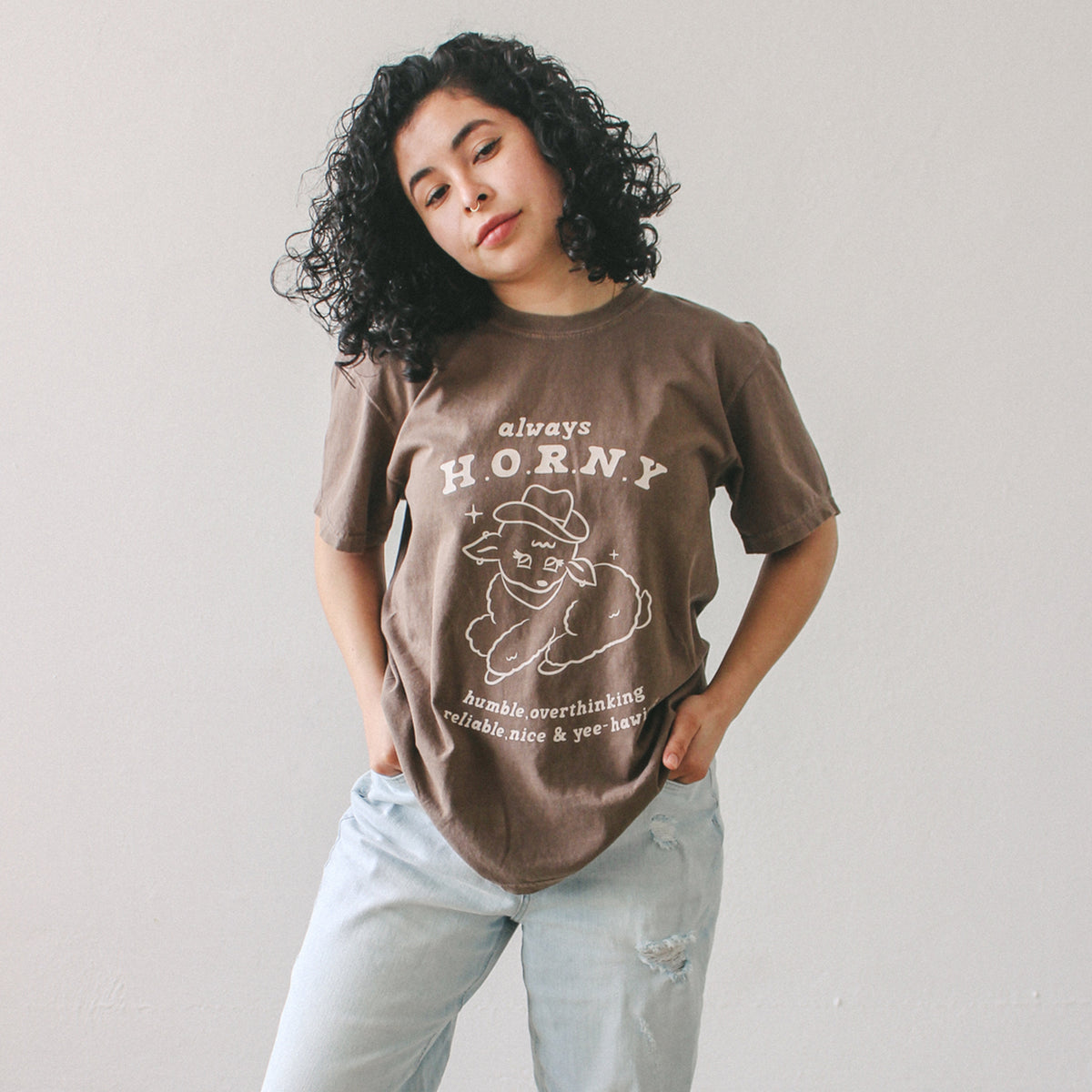 Always H.O.R.N.Y | Brown T-Shirt + Colorful Front Graphic